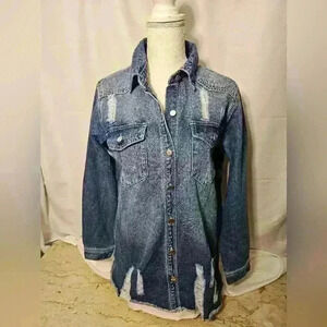 Womens Blue Denim Distressed Button Down Jean Jacket/Shirt Cotton Blend Size M